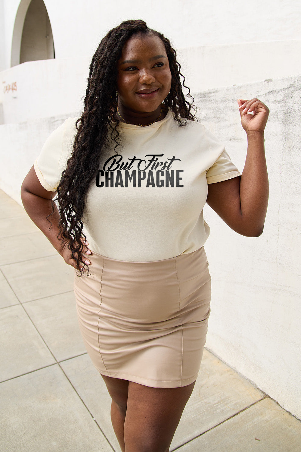 Simply Love Full Size BUT FIRST CHAMPAGNE Round Neck T-Shirt