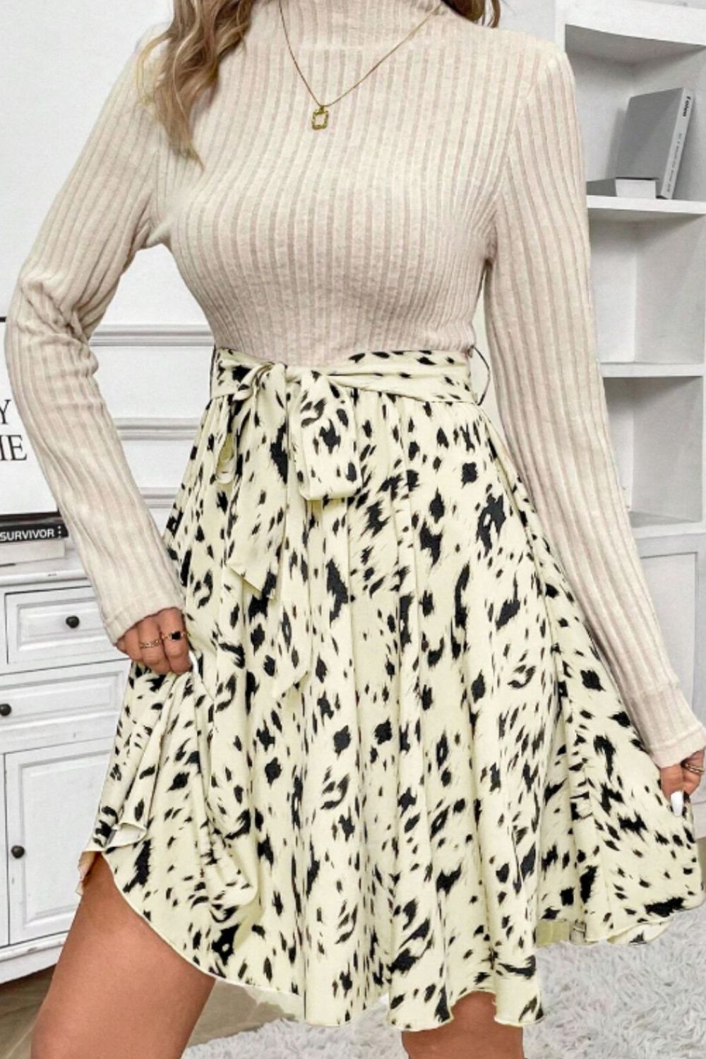 Printed Tie Waist Mock Neck Long Sleeve Dress